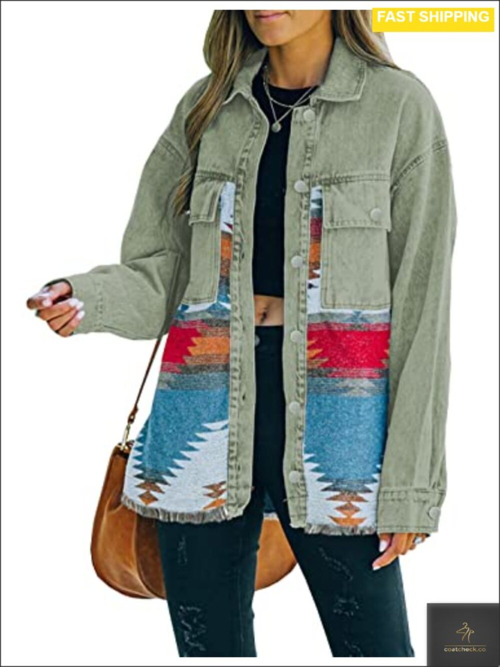 Aztec Denim Jacket Womens Distressed Vintage Button Down Shacket